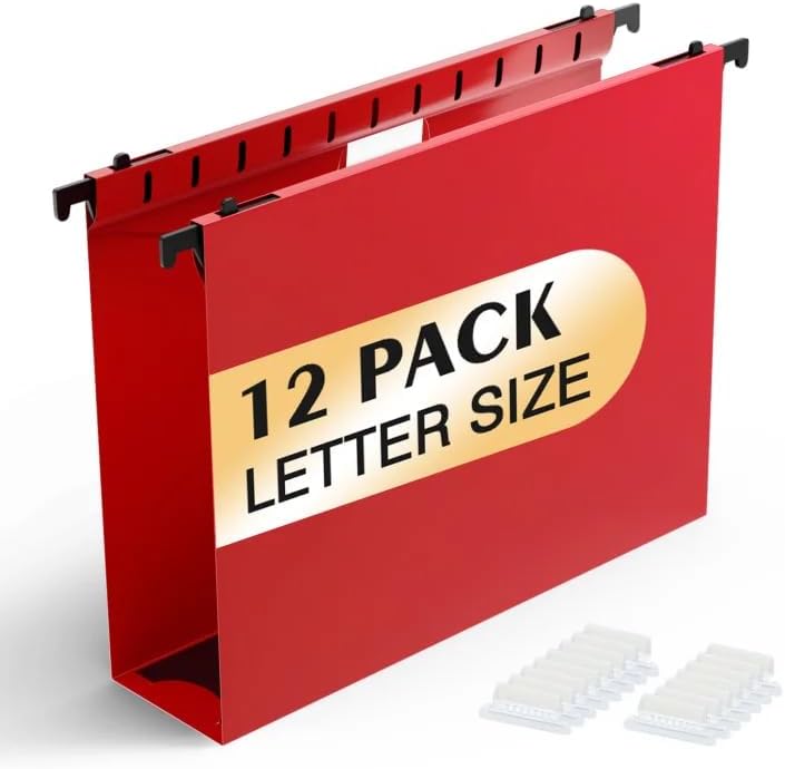 SHUTEX Extra Capacity Plastic Hanging File Folders,12 Pack Reinforced Hang Folders,Heavy Duty 2 Inch Expansion,Plastic Filing Cabinet Folders,Letter Size,for Bulk Files, Medical Charts,Red - Image 1